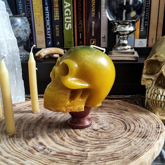 Handmade Two-Tone Green and Yellow Skull Candle - Picture 2 of 4
